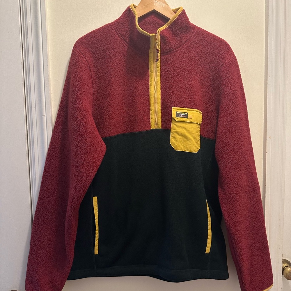 L.L. Bean Men's Red and Black Zip-Up Sweater with Yellow Details